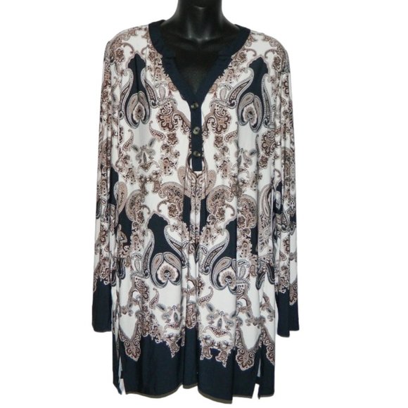 2 for/$30 CLEO Paisley Pattern V-Neck Long Tunic Taupe Black Cream Size Larges - Picture 2 of 10